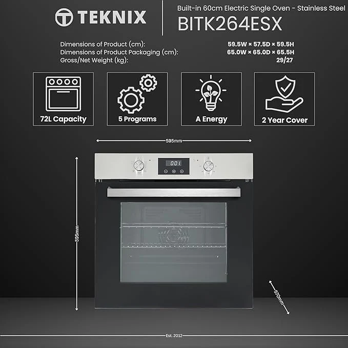 Teknix BITK264ESX - Stainless Steel Single Oven - 70L Capacity - A Energy Rating - Image 3