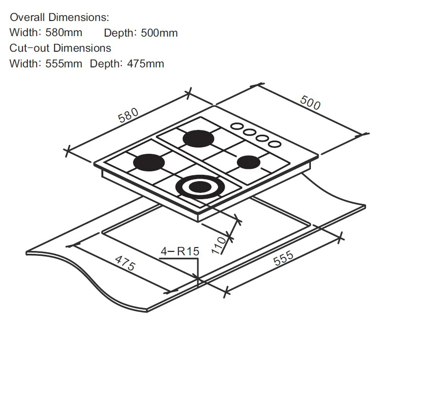 Cata UBGHDFFJ60.1 - Stainless steel 4 Zone Gas Hob - Image 6