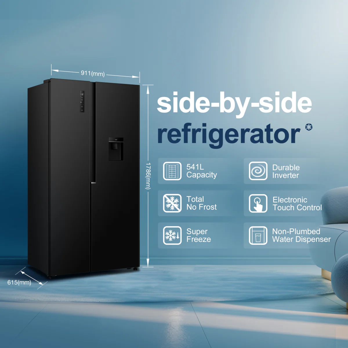 Fridgemaster MS91558DEB - Black American Fridge Freezer - 541L Capacity - E Energy Rating - Image 3