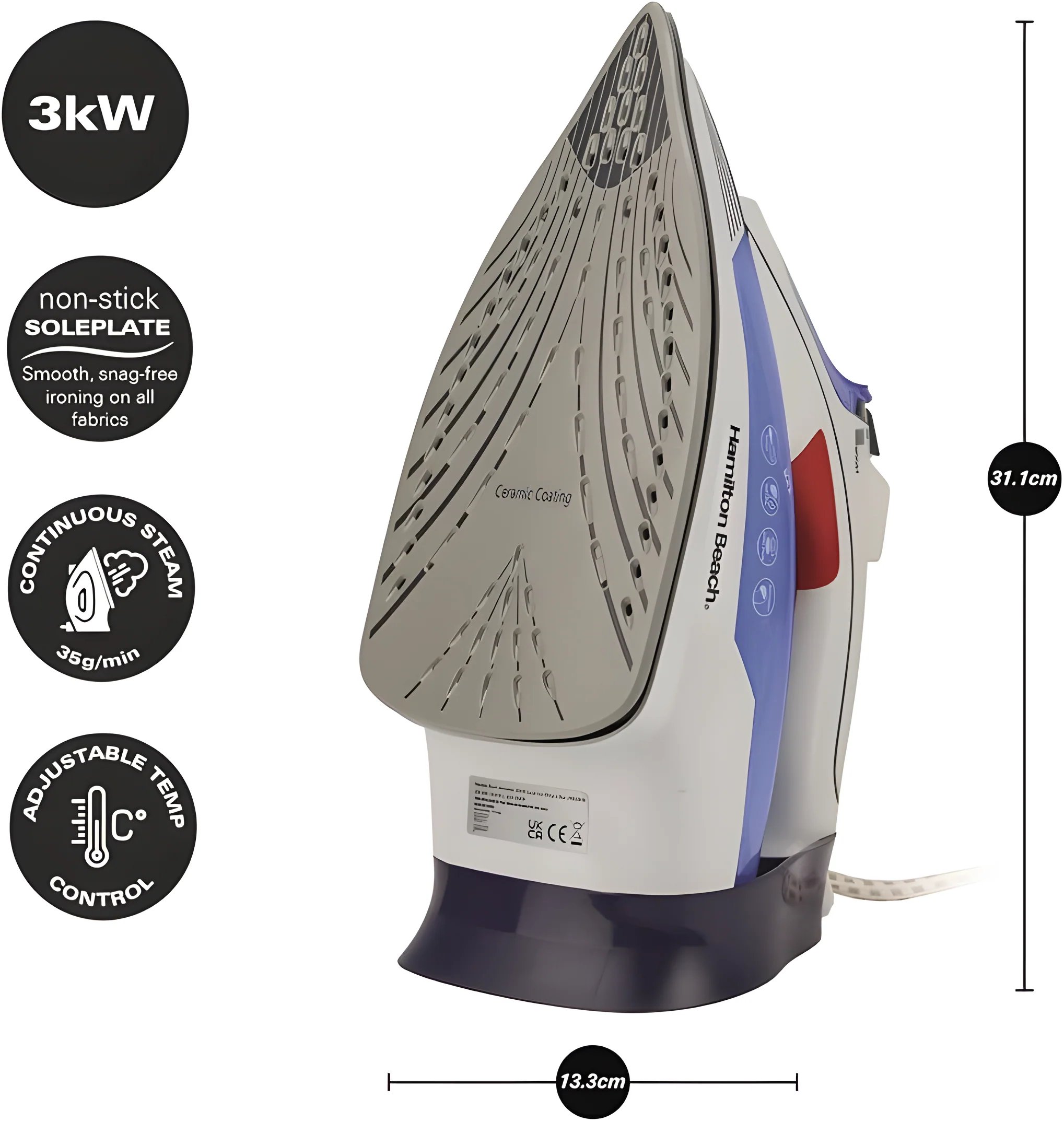 Hamilton Beach HB608WB - Blue Steam Iron - 3000W Ceramic Soleplate - Image 2