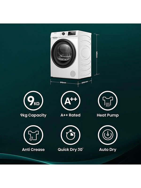 Hisense DH1Q902BW2 - White 9KG Heat Pump Tumble Dryer - D Energy - Image 2