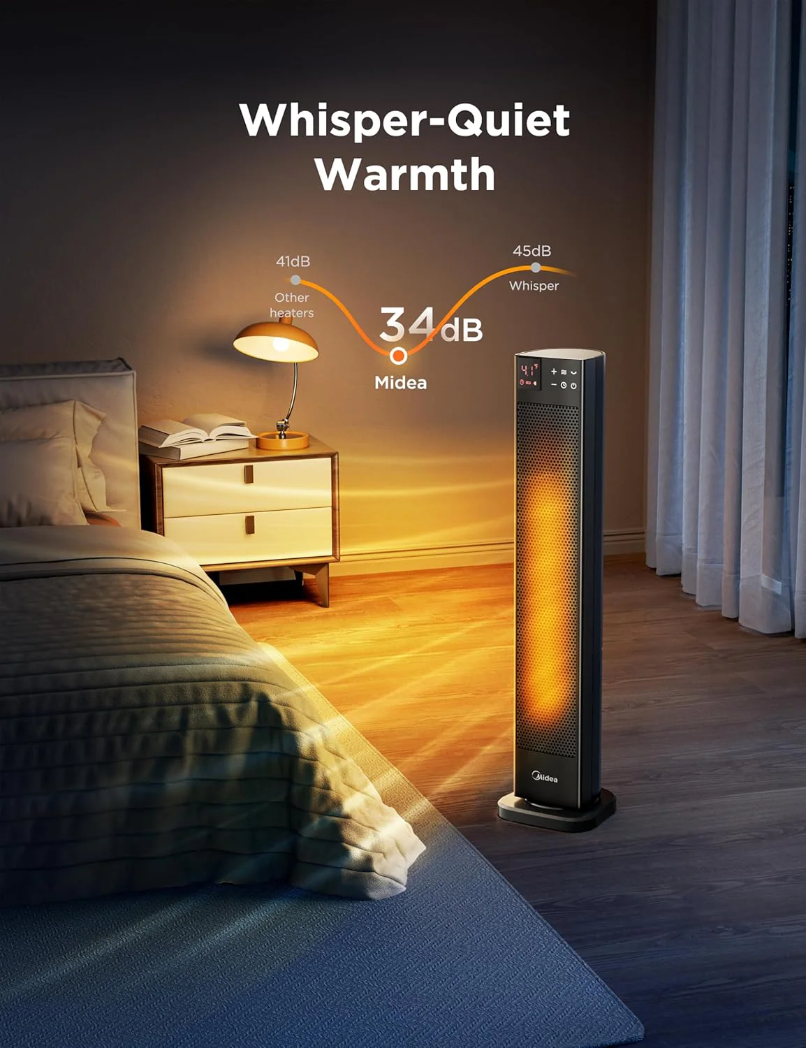 Midea MHF202RSBPK - Black 2000W Ceramic Tower Heater - 75° Oscillation - 24-Hour Timer - Image 2