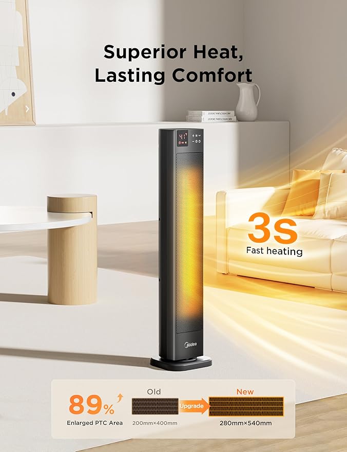 Midea MHF202RSBPK - Black 2000W Ceramic Tower Heater - 75° Oscillation - 24-Hour Timer - Image 5