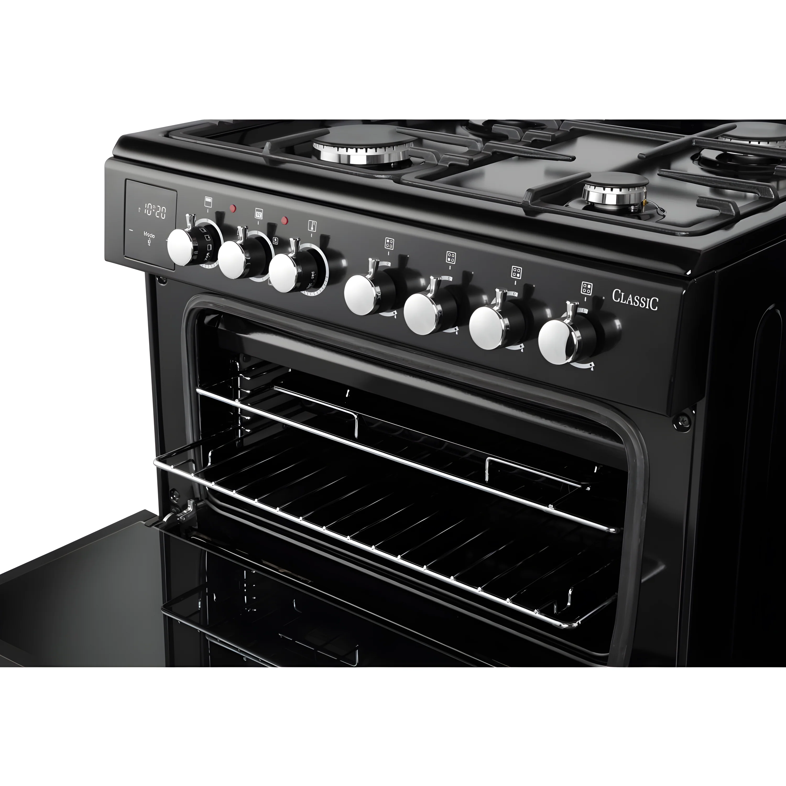 Rangemaster CLA60DFFBL/C - Black / Chrome Dual Fuel Cooker - Four Burners, 69/39 L Capacity, Double Oven - A Energy Rating - Image 4