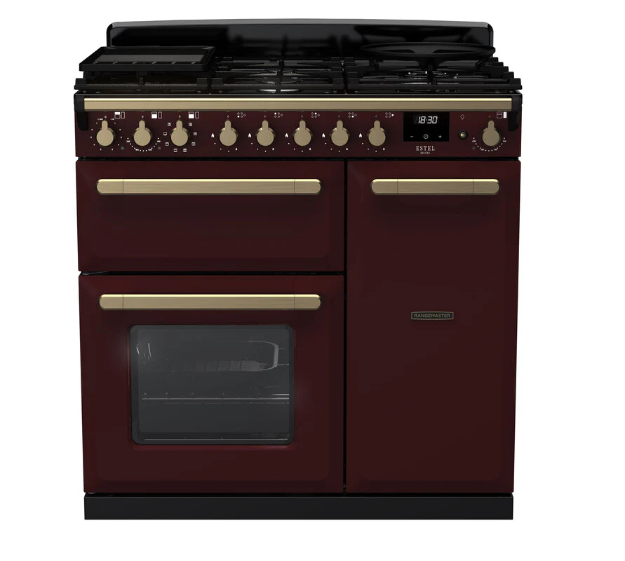 Rangemaster ESDL90DFPBOR/AB1 Estel Deluxe 90cm Dual Fuel Bordeaux/Antique Brass