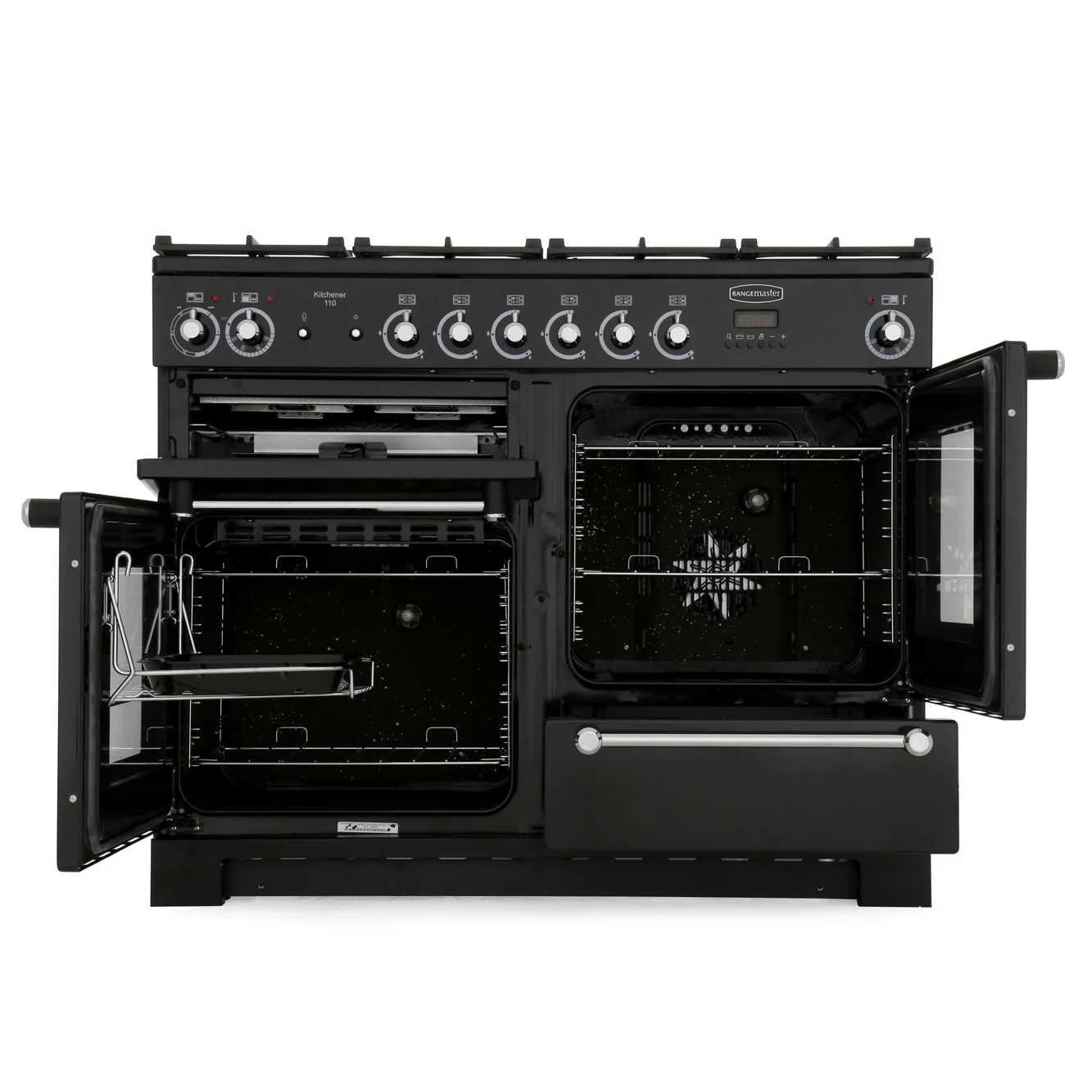 Rangemaster Kitchener KCH110DFFBL/C - Black/Chrome Dual Fuel Range Cooker - 110cm - A Rated - Image 4