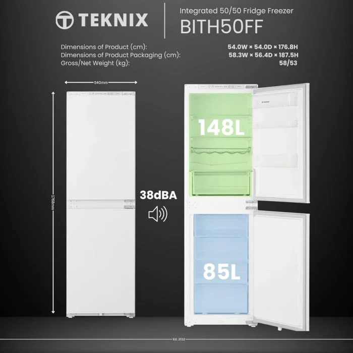 Teknix BITH50FFE - Integrated Fridge Freezer - 148L/85L - E Energy - Image 7