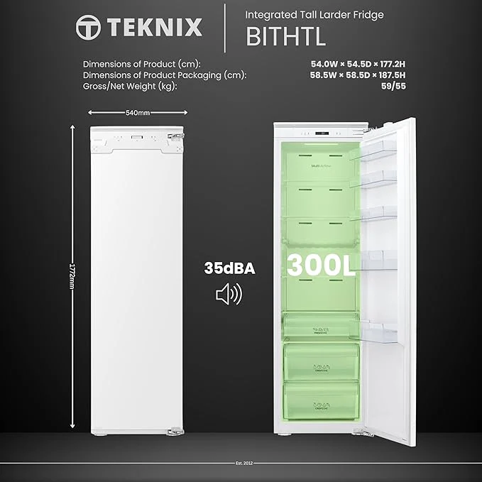 Teknix BITHTL 300L Integrated Tall Larder Fridge - E Energy Rating - Image 3