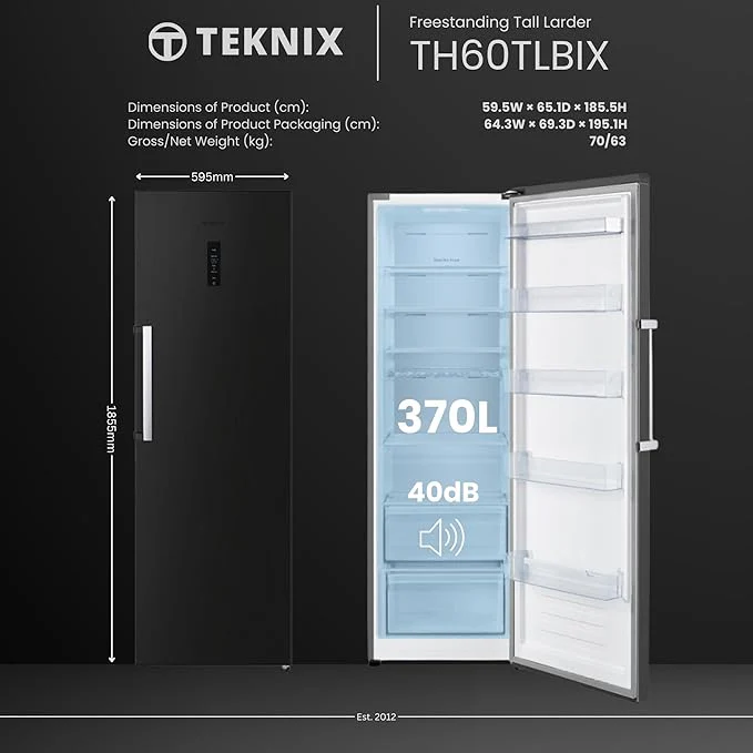 Teknix TH60TLBIX - Black Steel Finish 370L Larder Fridge - 185.5cm x 65.1cm x 59.5cm - D Energy Rating - Image 5