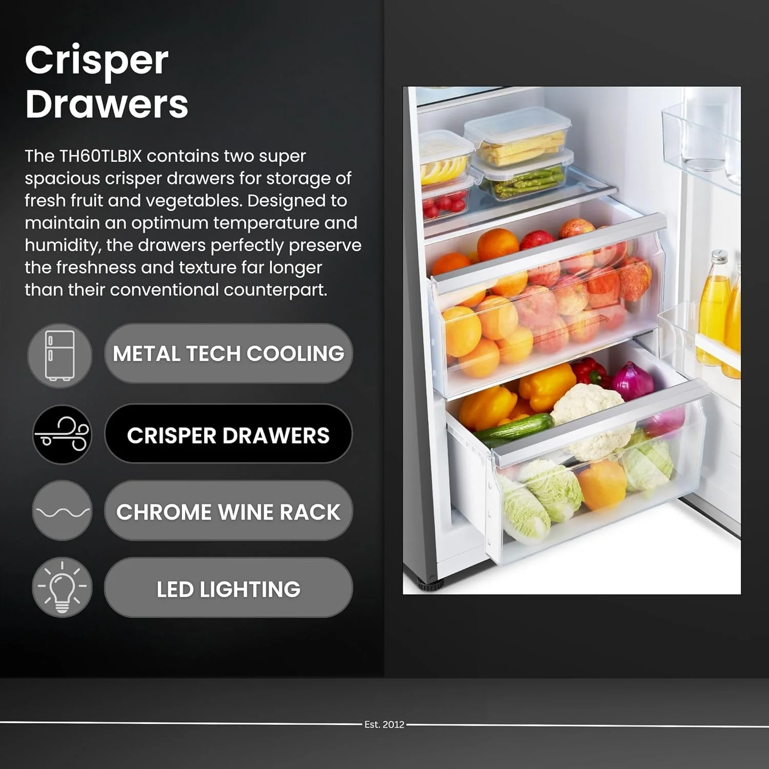 Teknix TH60TLBIX - Black Steel Finish 370L Larder Fridge - 185.5cm x 65.1cm x 59.5cm - D Energy Rating - Image 9