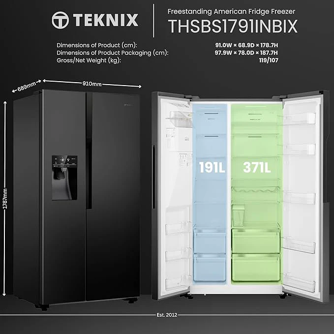 Teknix THSBS1791INBIX - Black American Fridge Freezer - Non-plumbed - E energy - Image 8