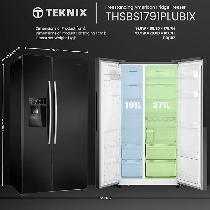 Teknix THSBS1791PLUBIX Black Steel 2 Door Side by Side Fridge Freezer - E rated Plumbed ice+water - Image 5