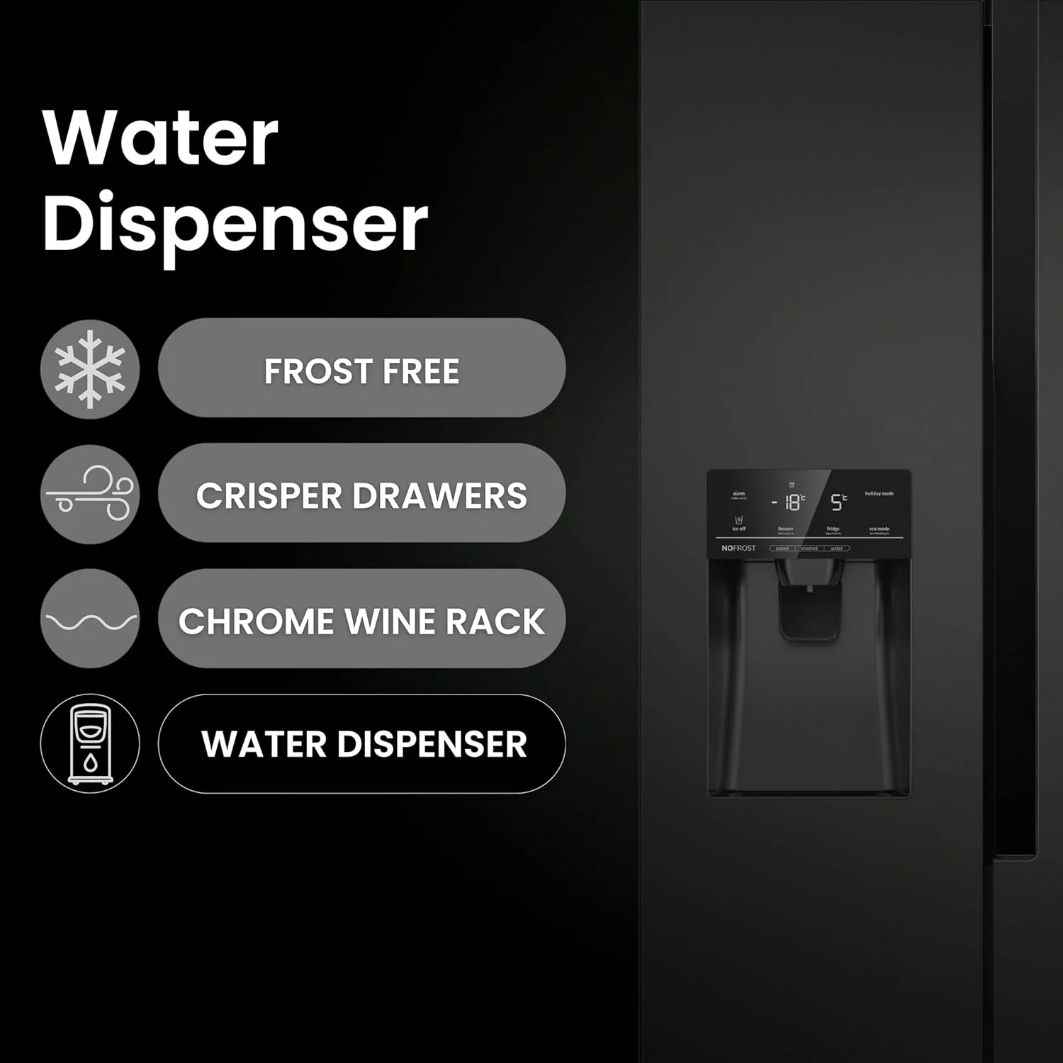 Teknix THSBS1791PLUBIX Black Steel 2 Door Side by Side Fridge Freezer - E rated Plumbed ice+water - Image 6