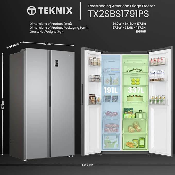 Teknix TX2SBS1791PS - Silver American Fridge Freezer - 530L - Side-by-Side - Frost Free - E Energy - Image 5